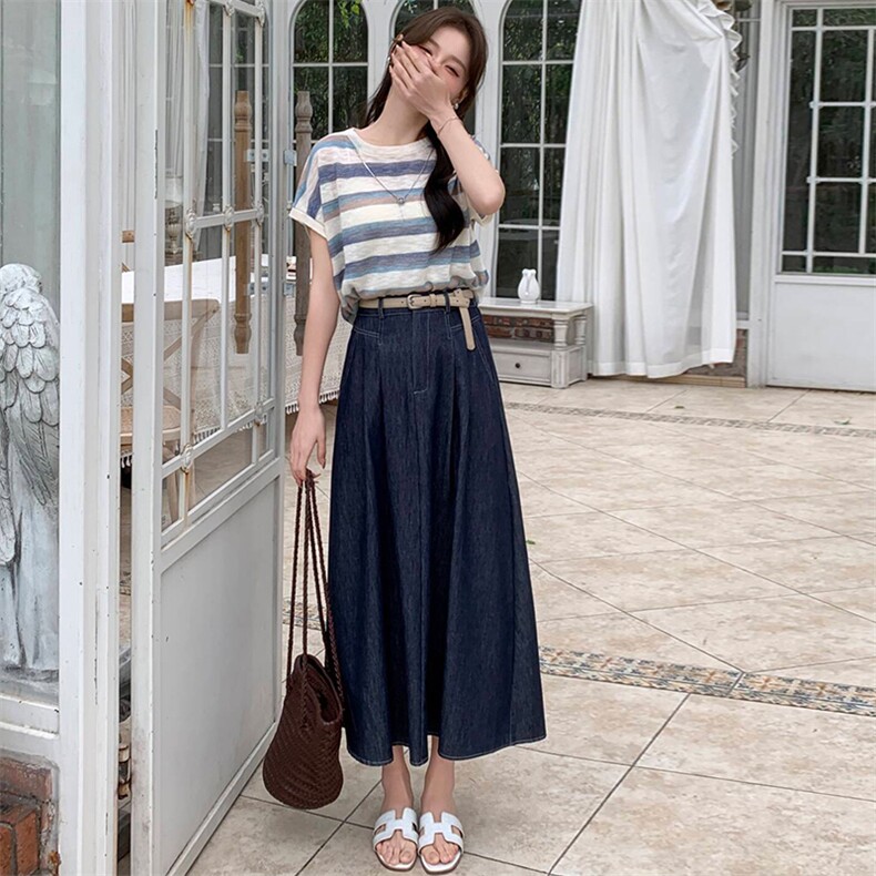 2025年夏季新款时尚宽松休闲牛仔裙两件套，女装套装/套裙，心心服饰