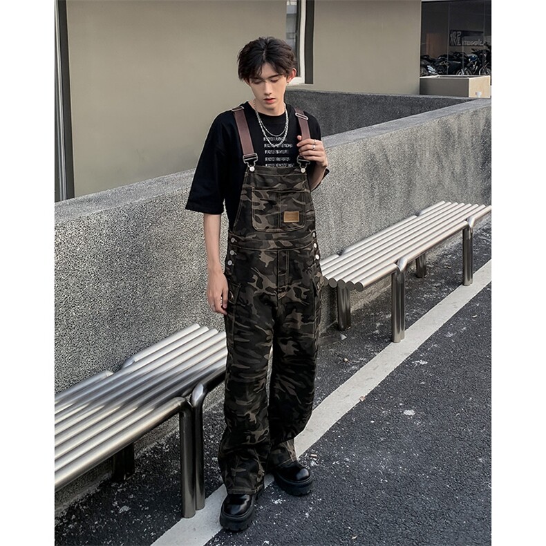 得物品质夏款男迷彩牛仔背带裤贴标工装大口袋豹纹长裤NK614P70,男装工装外套,星座1013-1