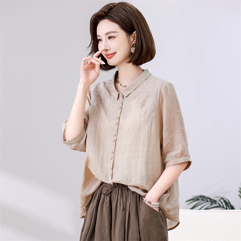 高端苎麻衬衫女夏季2024新款棉麻风上衣中年妈妈洋气减龄漂亮小衫，女装衬衫，独衣靓
