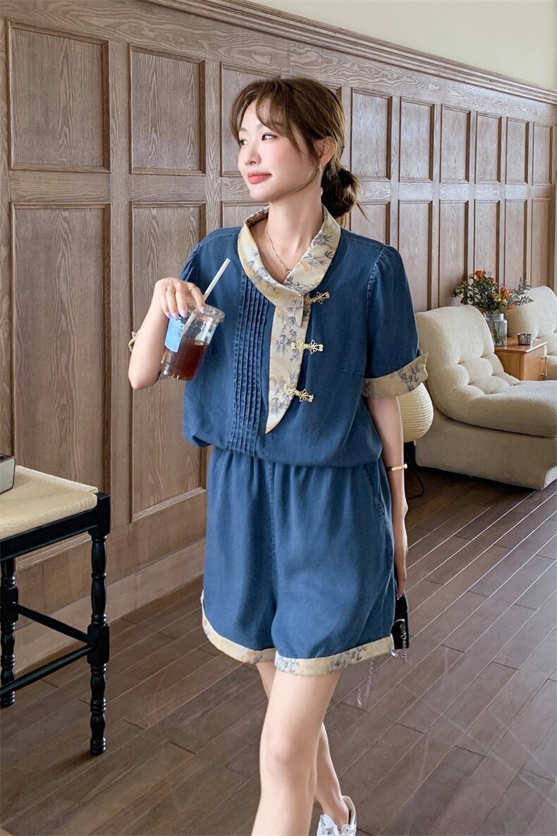 新中式国风牛仔盘扣上衣短裤两件套女2025年夏季新款减龄气质穿搭,女装套装/套裙,含赞