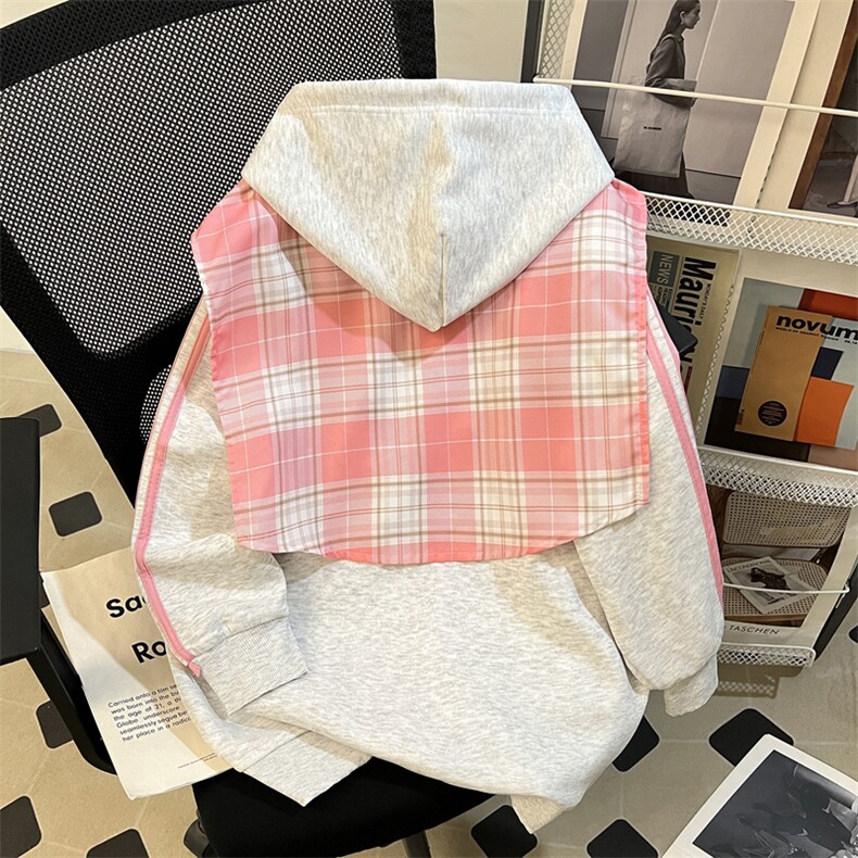 复古可拆卸格子大码披肩连帽卫衣男女秋季新款宽松情侣上衣外套,女装短外套,星座601-1