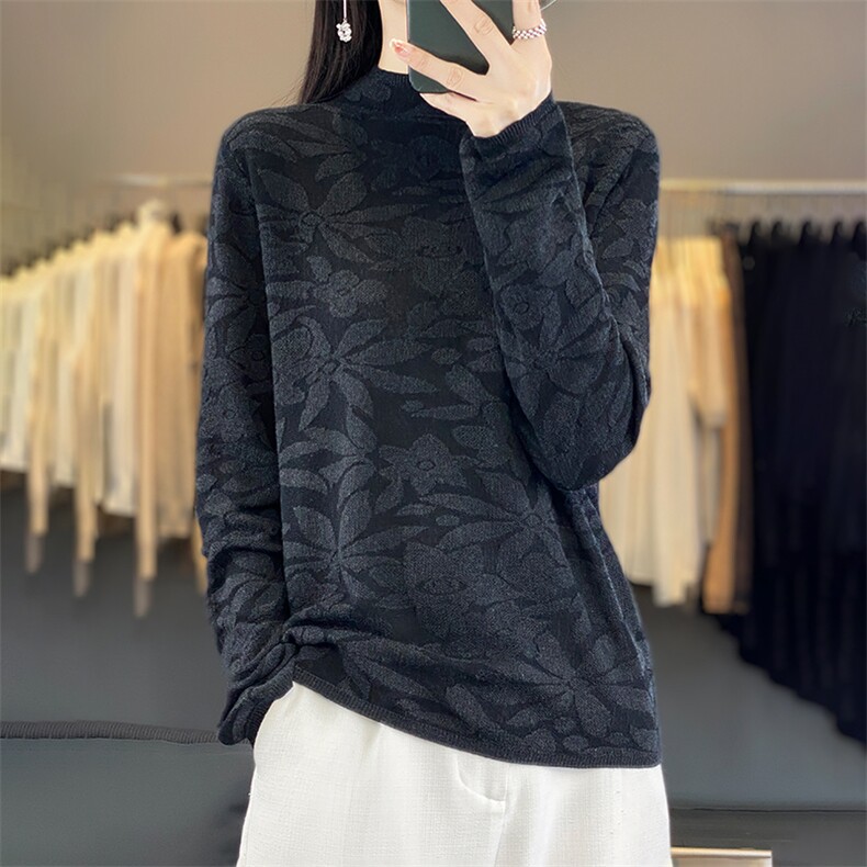 半高领长袖针织打底衫女修身内搭提花毛衣洋气肌理感百搭毛衫上衣,女装羊毛衫,科源羊绒