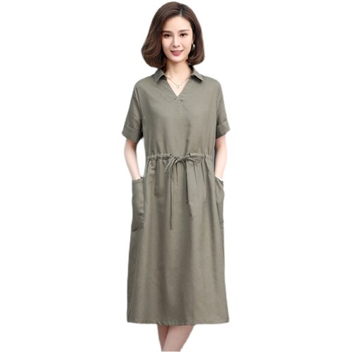 夏季棉麻中长连衣裙V领宽松显瘦系带真口袋咖啡中年妈妈大码裙子，女装连衣裙，丽影随形