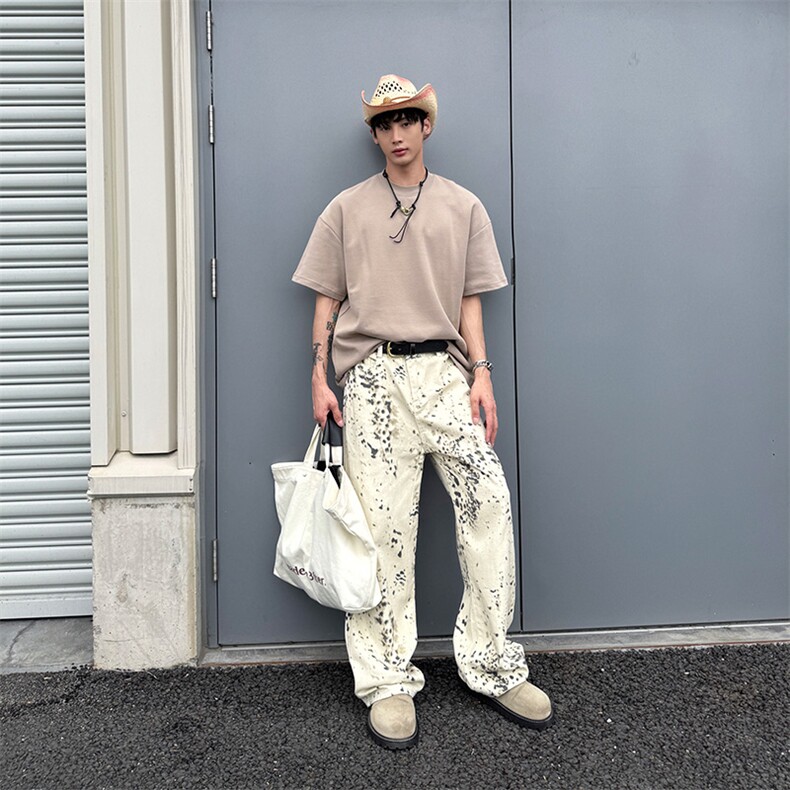 春秋季新款豹纹直筒牛仔裤男款潮牌宽松复古拖地裤,男装牛仔裤,星座410-6（原星座1304-1）