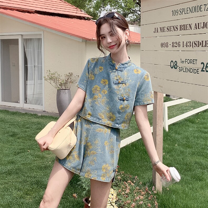 新中式风盘扣牛仔套装裙女2025年夏季新款复古印花半身裙两件套,女装套装/套裙,浙宝二楼003号