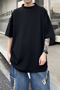 夏季新款基础纯色中领短袖T恤男潮高街情侣休闲宽松打底D135/P30图片