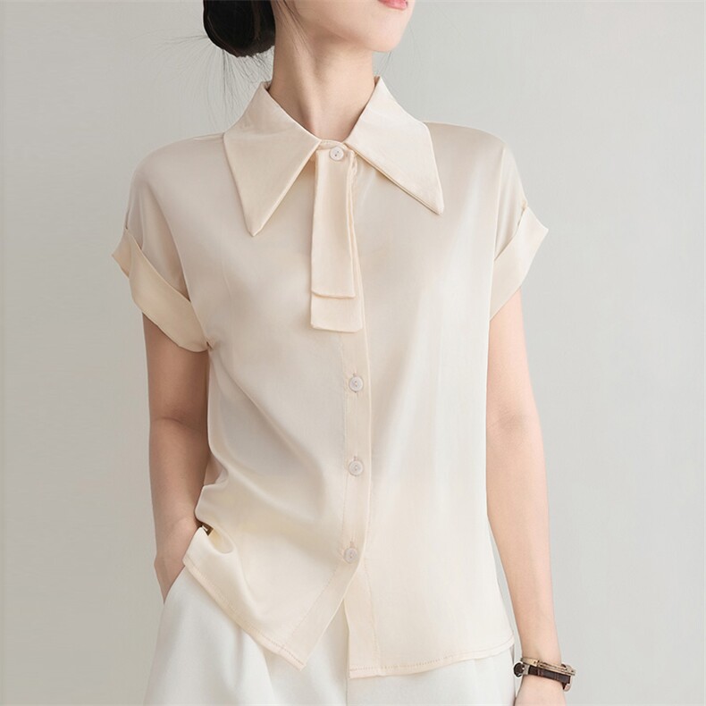 夏季新款简约领结短袖衬衣女宽松百搭显瘦时尚休闲上衣，女装衬衫，朝贺羊绒