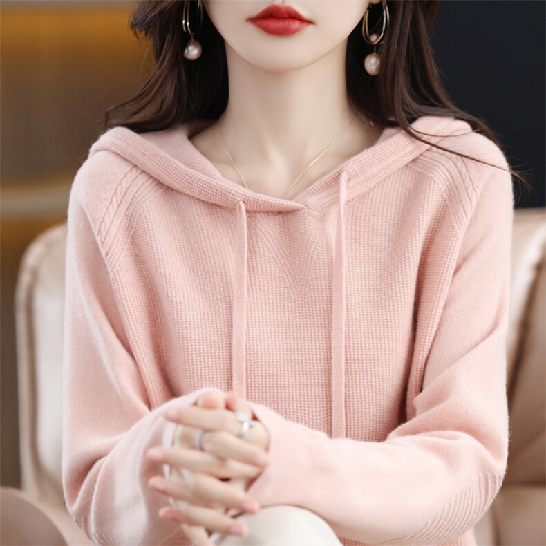 春秋新款连帽套头长袖羊毛卫衣女韩版宽松休闲短款纯色毛衣,针织衫/毛衣,恒旺羊绒