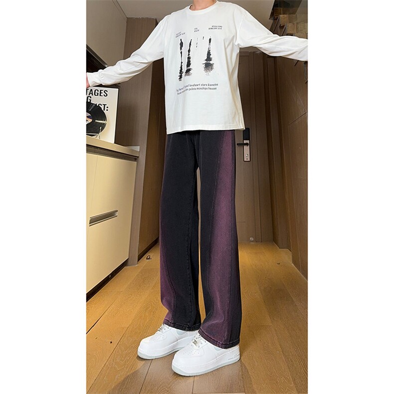 现货黑紫色拼接宽松阔腿直筒撞色休闲牛仔裤男女K5820-P50控78,男装牛仔裤,星座205