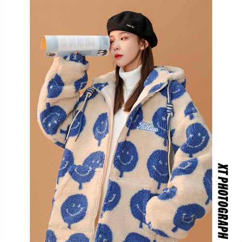 羊羔毛中性韩版笑脸加厚连帽棉衣棉服 216-2-BK51-P128控158 杏色图片