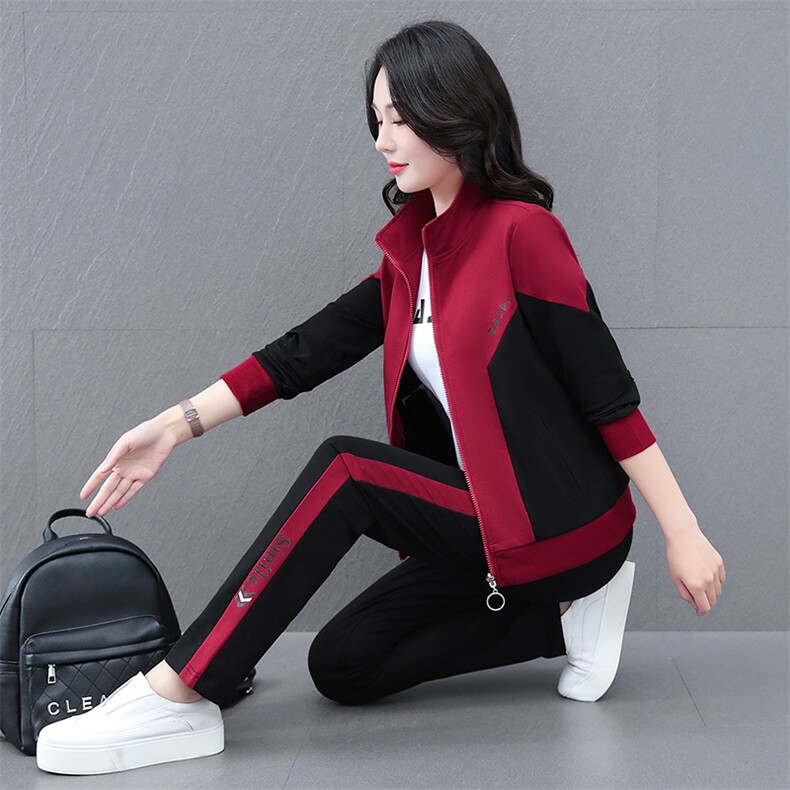 高档运动服套装女装2025春秋季新款休闲拼接长袖开衫卫衣三件套，女装套装/套裙，燕颉服饰