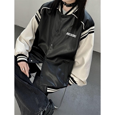 主推美式复古拼接罗纹pu棒球服情侣皮衣夹克外套男女G1094P108，男装夹克，电商A339