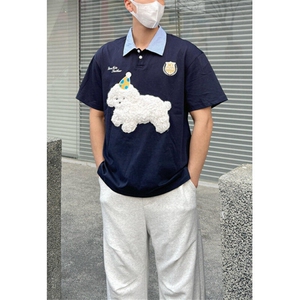 复古刺绣狗狗polo领短袖t恤男女宽松夏季学院风纯棉上衣 TB261图片