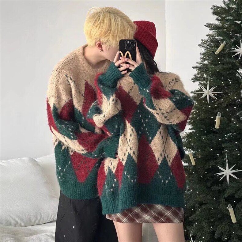 M256长袖常规潮宽松型新款圣诞菱格套头毛衣女休闲圆领,男装针织衫/毛衣,星座308A-1（原309B-1）