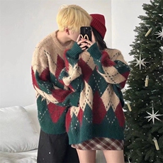 M256长袖常规潮宽松型新款圣诞菱格套头毛衣女休闲圆领，男装针织衫/毛衣，星座308A-1（原309B-1）