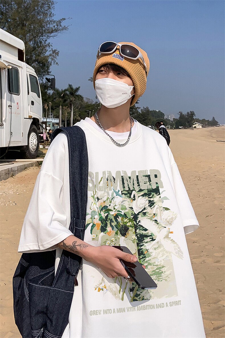 B239-1275-P28港风油画白天鹅创意印花夏季重磅落肩袖短袖t恤,男装T恤,星座514-2(原B239)