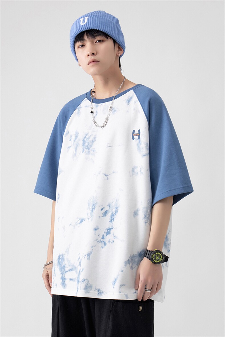 新款夏季短袖珠地面料宽松刺绣印花假两件男士T恤ZDY3414-P50,男装T恤,星座717