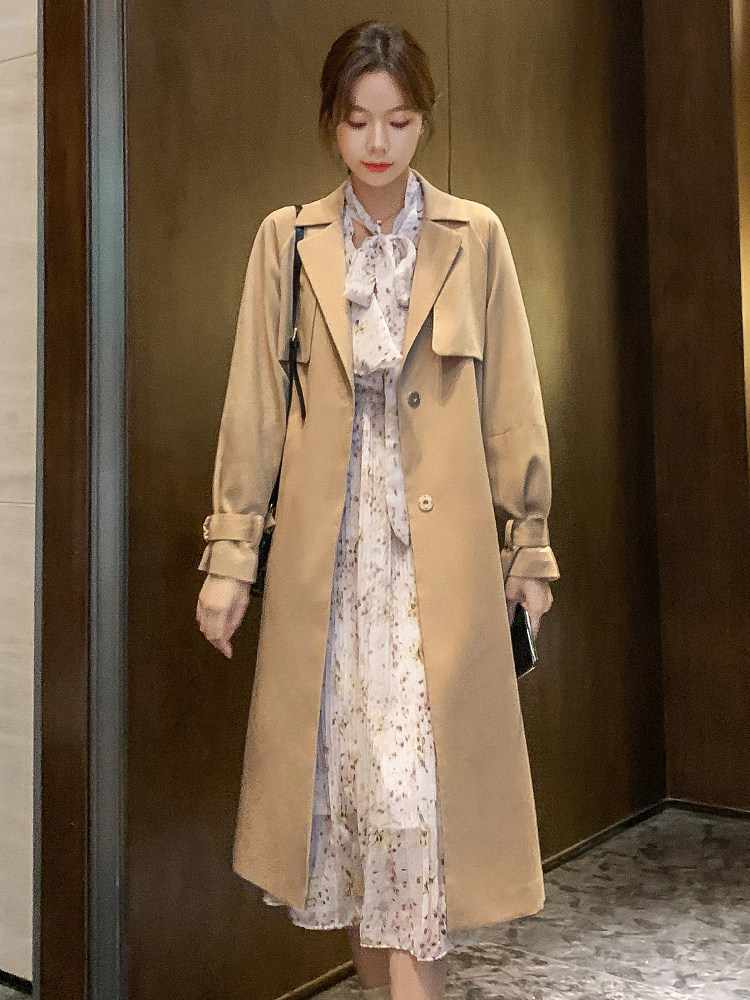 ByYou2025春季新款高级感中长款卡其色风衣外套女英伦风休闲大衣,女装风衣,依多米