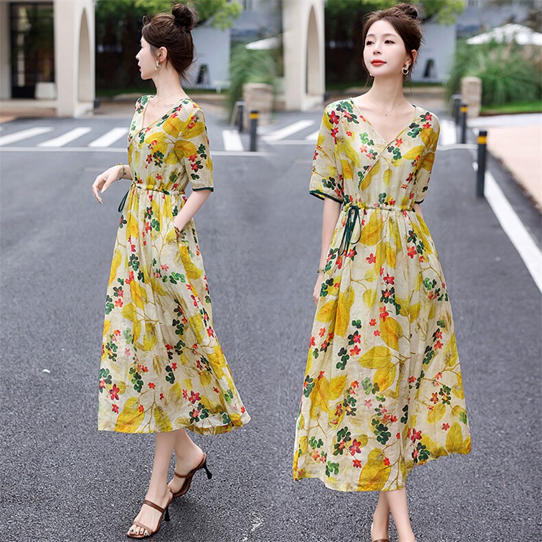 苎麻碎花连衣裙女夏季2025新款高档轻奢复古气质收腰长裙子，女装连衣裙，水衣源