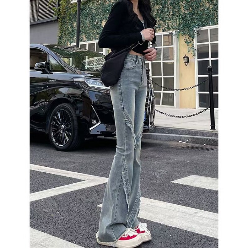 春秋季新款微喇牛仔裤女高腰设计感马蹄时尚拼接毛边喇叭牛仔裤子,男装牛仔裤,星座506A