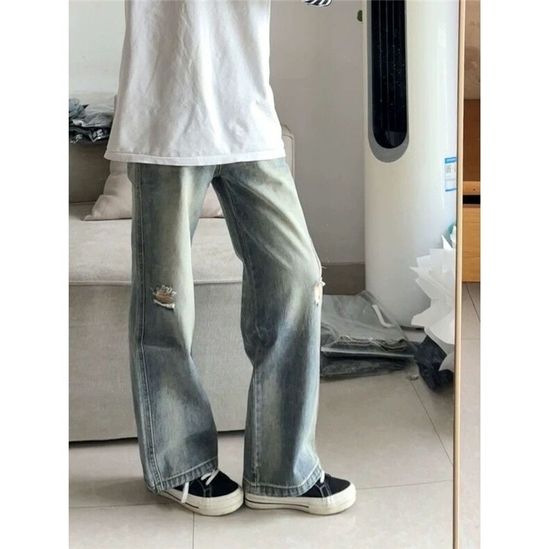 怀旧蓝破洞窄版阔腿牛仔裤男中腰遮胯显瘦直筒拖地裤NWY30，男装牛仔裤，星座208-5