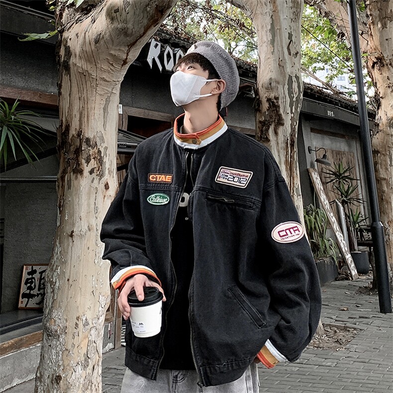 字母刺绣复古牛仔外套春秋季潮流宽松时尚百搭立领夹克,男装工装外套,星座410-6（原星座1304-1）