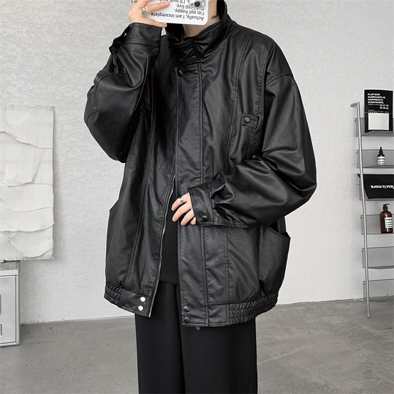 8XL-M日系立领PU皮衣外套男美式高街痞帅机车服夹克大码JK002P115图片