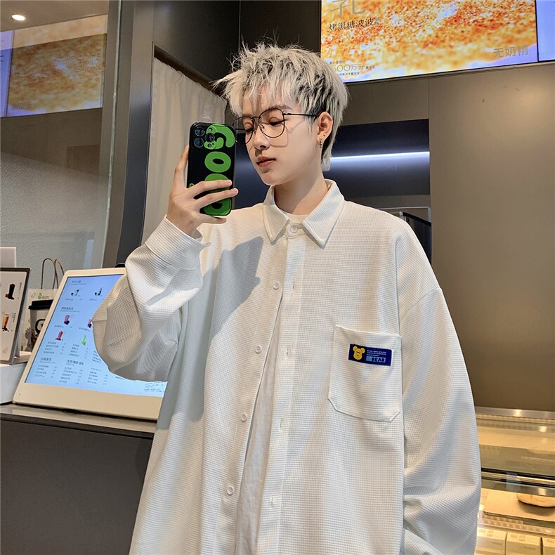 2025秋冬新款格子贴标翻领大码衬衫港风男外套 CS770/特P25 白色2图片