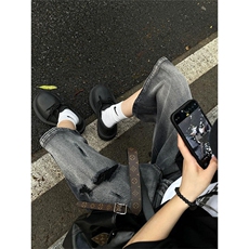 美式高街vibe破洞牛仔短裤男女hiphop宽松阔腿七分裤子L55533-P43，男装牛仔裤，星座1008