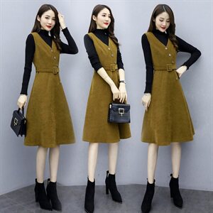 冬装新款时尚毛呢背心裙两件套（配腰带）舒适修身气质优雅，女装套装/套裙，岚衣(原川流布茜）