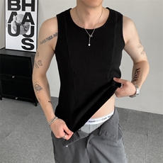 夏装小众竖条纹无袖背心大码背心性感无袖T恤男女肌理感上衣，男装T恤，星座909