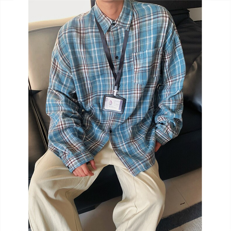 现货~格子大码长袖衬衫C5887/特P20蓝色,男装衬衫,电商A094