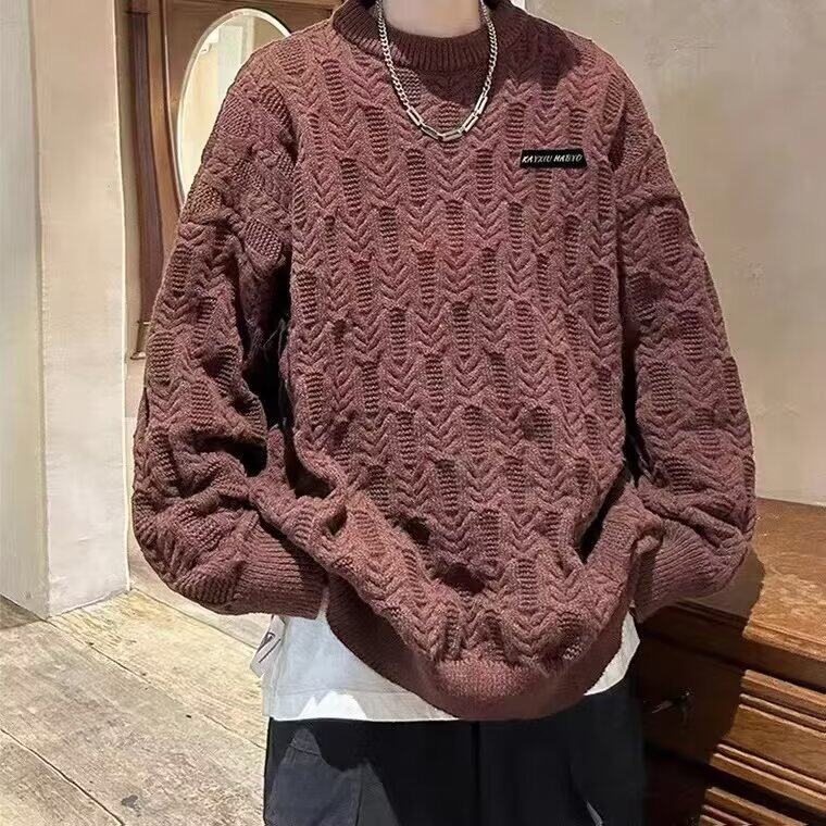 CLX015毛衣男加厚慵懒风贴标圆领针织衫宽松百搭日系外套软糯上衣图片