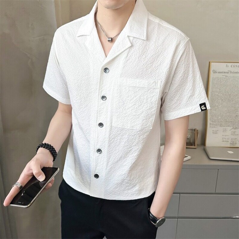 西装领衬衫男士短袖夏季薄款潮流复古褶皱设计感休闲半袖衬衣男装,男装衬衫,星座506A