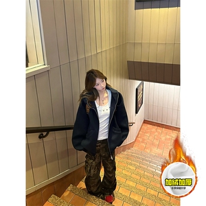480G重磅加绒硬挺boxy 男女秋冬美式高街防风高领卫衣开衫厚外套图片