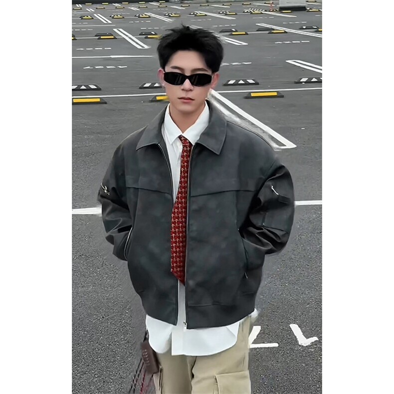 特批P85无差价cleanfit痞帅扎染PU皮短款宽松飞行夹克皮衣男J5216,男装皮衣,电商A001