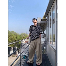 日系复古黑白条纹t恤男少年感美式小领口短袖夏季潮牌重磅七分袖，男装T恤，星座506A