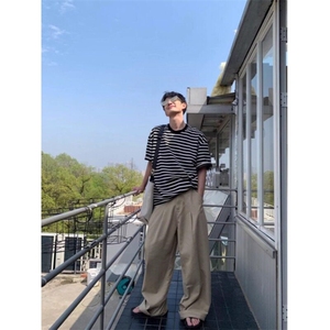 日系复古黑白条纹t恤男少年感美式小领口短袖夏季潮牌重磅七分袖图片