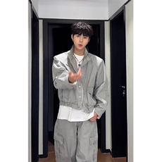 工装风灰色垫肩外套夹克机车服JK948特P100，男装夹克，星座908-1