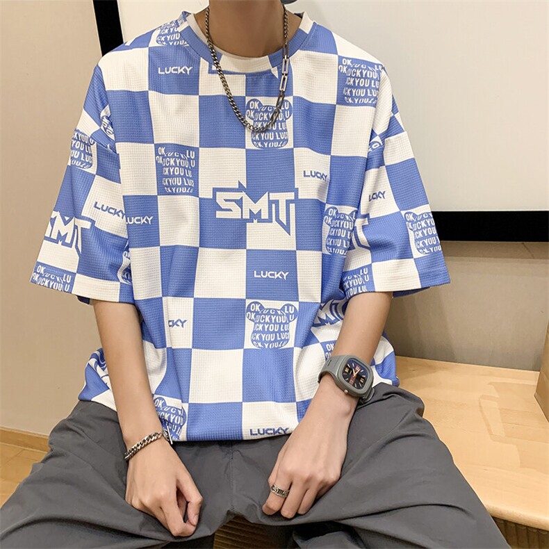 华夫格印花松休闲短袖T恤港风五分半截袖XFT221-P30控48,男装T恤,电商B370