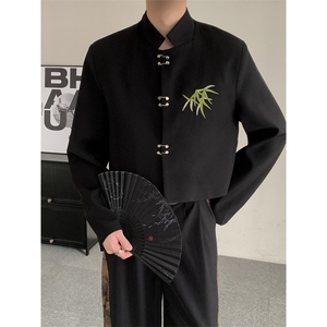 夏装新中式小众无性别竹叶刺绣短款西装外套上衣男女休闲大码西服图片