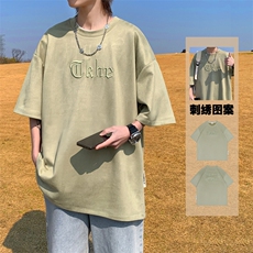 240克麂皮绒短袖T恤大码宽松重磅刺绣男T109-1-T2311-P32，男装T恤，星座109-1