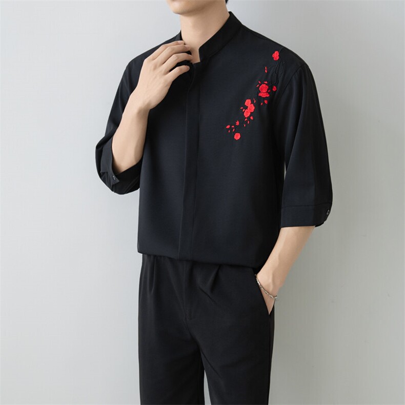 小伙立领纯色衬衫男休闲宽松风刺绣衬衣轻熟风A236-82571-P55,男装衬衫,电商A236