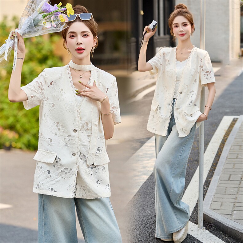设计感镂空短袖西装外套女2025春夏新款时尚百搭V领蕾丝气质上衣,女装西装,妙形