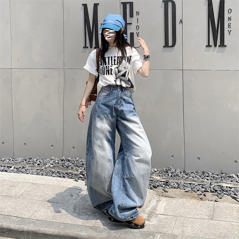 牛仔裤女夏季美式复古水洗高腰宽松休闲垂感阔腿弯刀裤YD9001-P65,男装牛仔裤,星座509