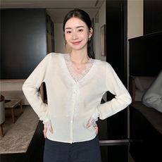 2025舒适百搭简约v领花边蕾丝长袖，女装针织衫/毛衣，玛卡隆羊绒