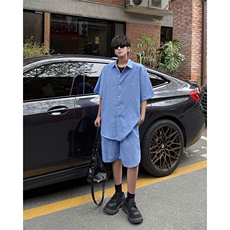 时尚套装男慵懒风条纹蓝色短裤长袖衬衫套装潮流时尚套装特P55，男装牛仔裤，电商B319