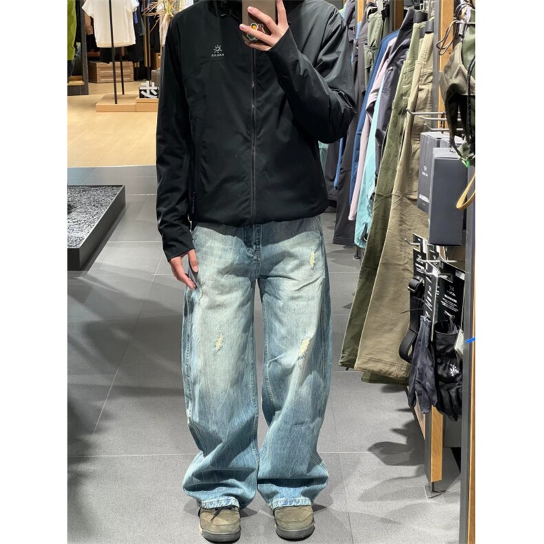 W10146-P48网图现货美式复古裂纹破洞水洗牛仔裤宽松阔腿直筒裤，男装牛仔裤，星座1608-2