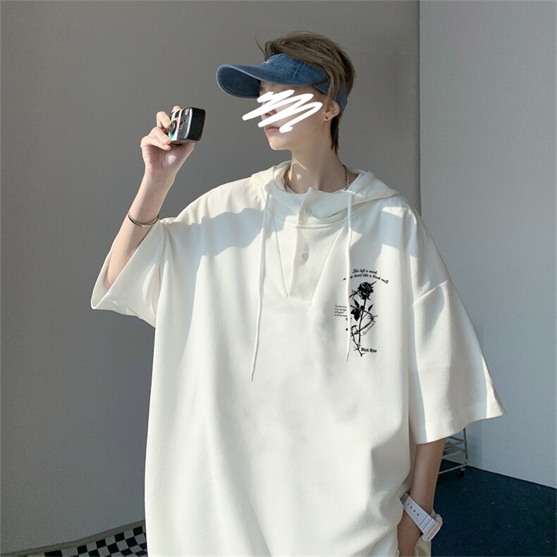 夏季港风冰丝宽松连帽短袖t恤五分体恤上衣TLM420-P40控58,男装T恤,电商B370