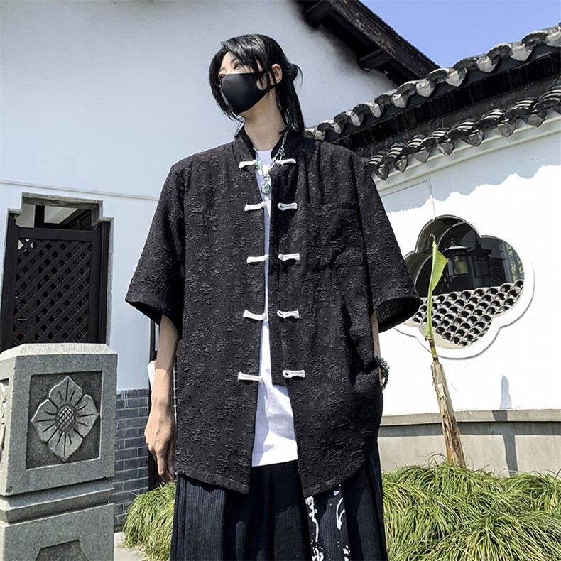 高级感新中式风盘扣衬衫男夏季痞帅垂感宽松情侣衬衣12799-p42,男装衬衫,星座1008-2
